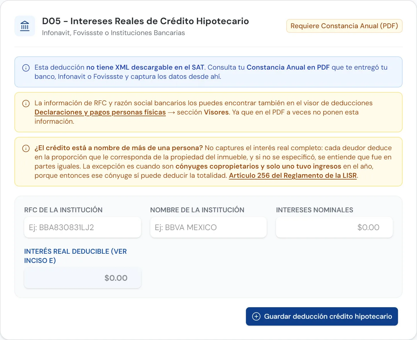 Formulario para agregar crédito hipotecario manualmente
