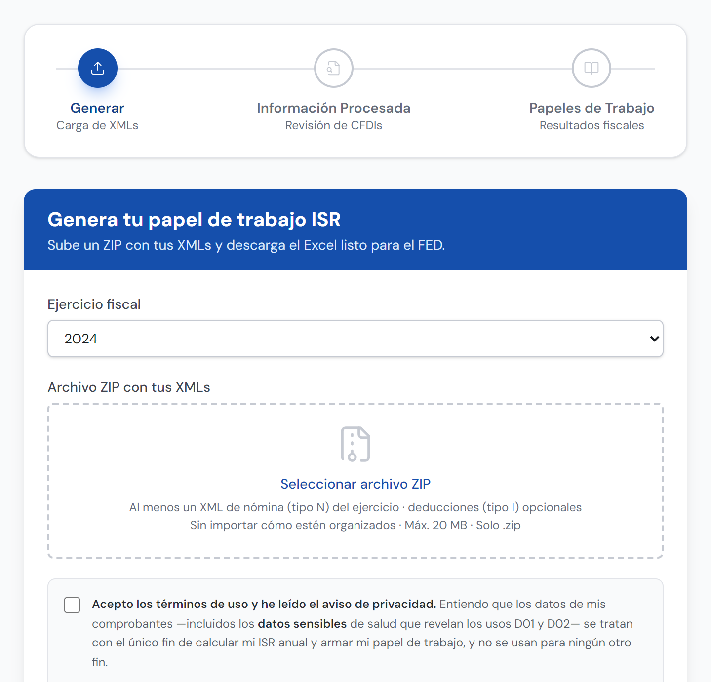 Pantalla de carga de archivos XML en ZIP